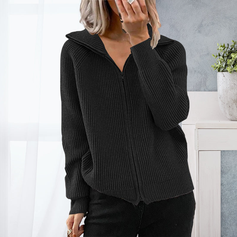 Striped Loose Knit Zip-Up Lapel Sweater