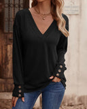 Solid V Neck Long Eyelet Sleeve Shirt