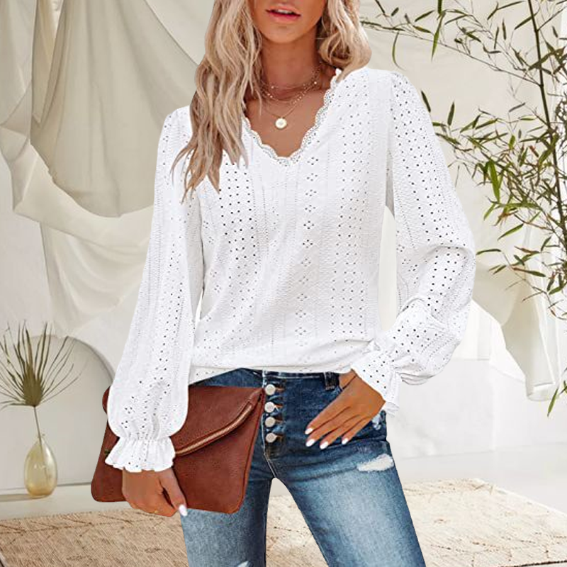 Women's V-Neck Cutout Casual Pleated Sleeve Top Shirt