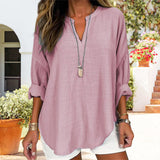 V-neck Plain Long Sleeve Linen Casual Shirt Blouse