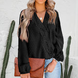 Women Chiffon Pom Pom Lace Patchwork V Neck Blouse