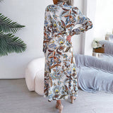 Tropical Floral Print Belted Shirt Maxi Dress Long Sleeve