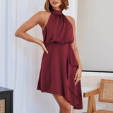 Women Tie Back Asymmetrical Hem Halter Satin Dress