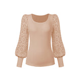 Women's Solid Color Long Cutout Lace Sleeves Crew Neck Shirt Top