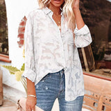 Women's Solid Color Cutout Chiffon Jacquard Button Long Sleeve Shirt Blouse