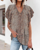 V Neck Leopard Flutter Short Sleeve Top