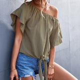 Asymmetrical Neck Ruffle Short Sleeve Solid Color Tie Knot Front Blouse