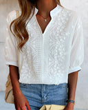 Eyelet Floral Embroidery V Neck Short Sleeves Blouse