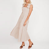 Women Plain Tie Shoulder Ruffle Hem Maxi Dress