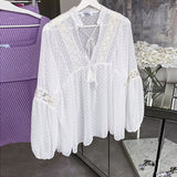 V-neck Lace-up Lantern Sleeve Swiss Dot Embroidery See-through Blouse Shirt