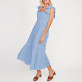 Women Plain Tie Shoulder Ruffle Hem Maxi Dress
