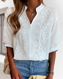 Eyelet Floral Embroidery V Neck Short Sleeves Blouse