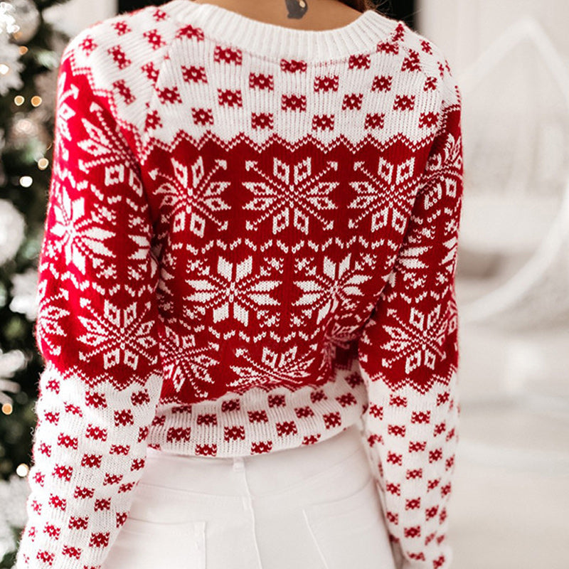 Women's Christmas Snowflake Printed Crew Neck Pullover Sweater