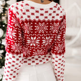 Women's Christmas Snowflake Printed Crew Neck Pullover Sweater