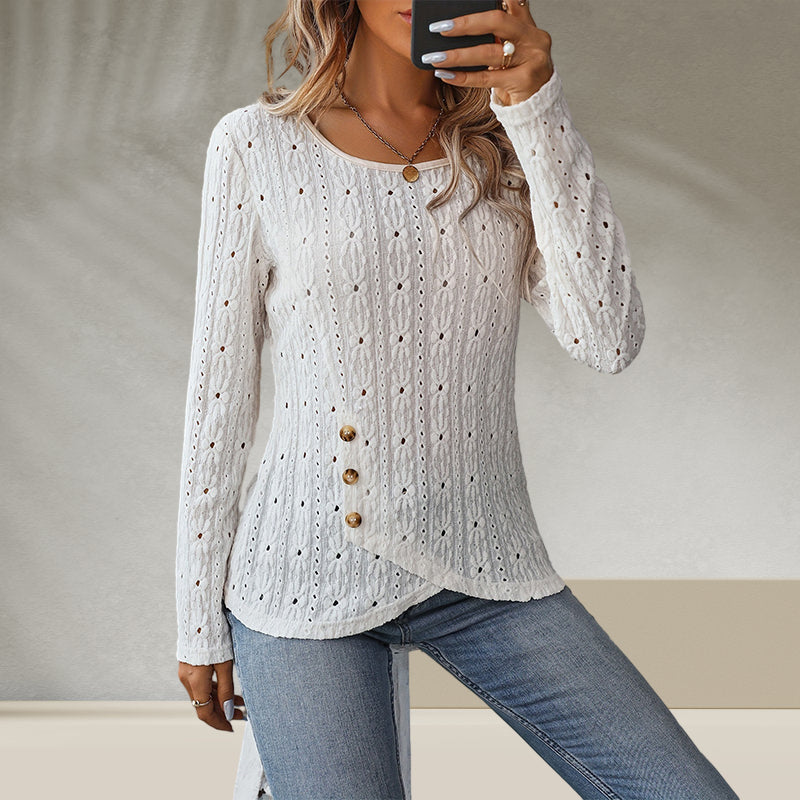 Round Neck Eyelet Embroidery Hem Button decoration Knitted top