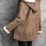 Women Fleece Lined Hooded Horns Buckle Parka Jacket with Pockets