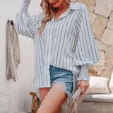 Women's Stripe Solid Color Beach Vacation Sunscreen Midi Shirt Blouse
