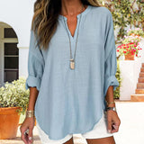 V-neck Plain Long Sleeve Linen Casual Shirt Blouse
