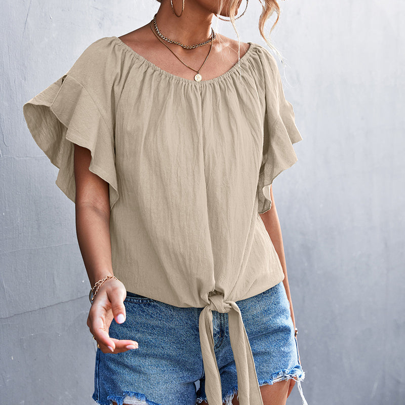 Asymmetrical Neck Ruffle Short Sleeve Solid Color Tie Knot Front Blouse