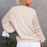 Women's Solid Color Long Cutout Lace Sleeves Round Neck Shirt Top