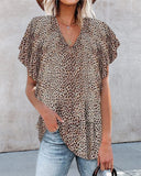 V Neck Leopard Flutter Short Sleeve Top