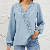 Women Chiffon Pom Pom Lace Patchwork V Neck Blouse