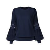 Women's Solid Color Long Cutout Lace Sleeves Round Neck Shirt Top