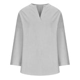 V-neck Plain Long Sleeve Linen Casual Shirt Blouse
