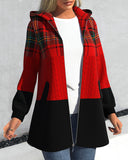 Red Zipper Plaid Long Sleeve Hooded Coat