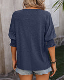 Notched Neck Lantern Sleeve Plain T-Shirt