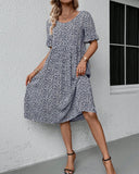 Blue And White Floral Print Flounce Sleeve Dress