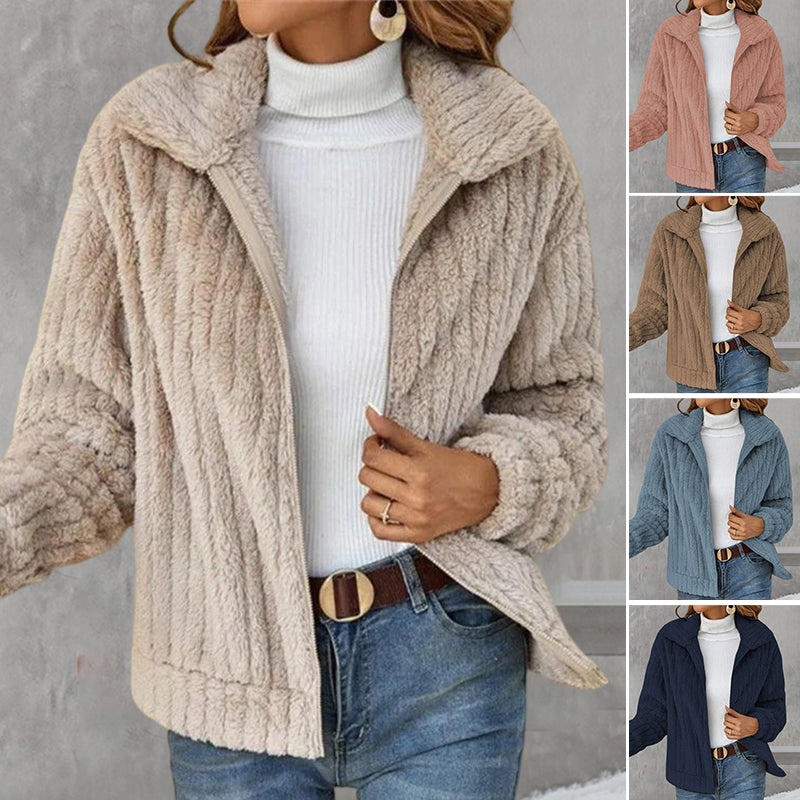 Women's Lapel Full-Zip Polar Soft Fleece Cropped Coat