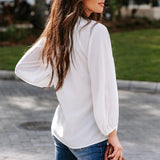 Women's Notched V Neck Lantern Sleeve Plain Blouse