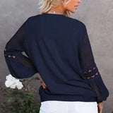 Women's Solid Color Long Cutout Lace Sleeves Round Neck Shirt Top