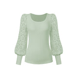 Women's Solid Color Long Cutout Lace Sleeves Crew Neck Shirt Top