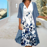 Women Two Piece Printed Midi Dress Elegant Twist Knot Front V Neck Half Sleeve Dress