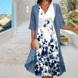 Women Two Piece Printed Midi Dress Elegant Twist Knot Front V Neck Half Sleeve Dress