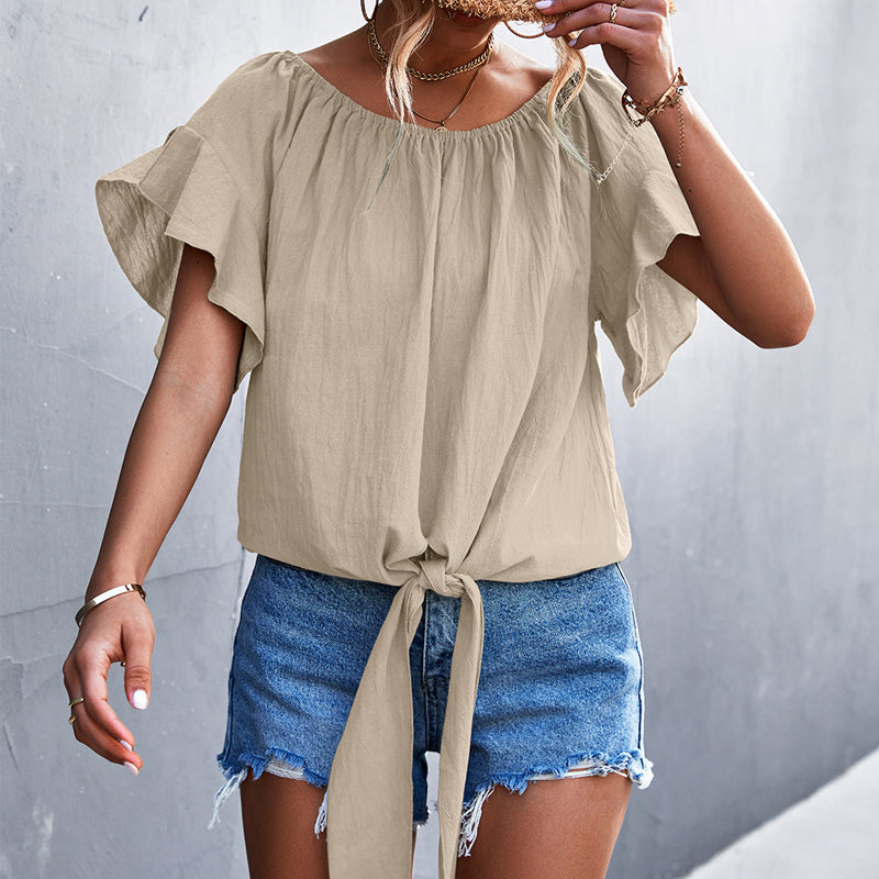 Asymmetrical Neck Ruffle Short Sleeve Solid Color Tie Knot Front Blouse