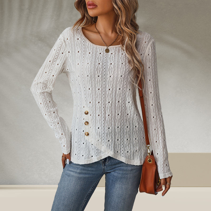 Round Neck Eyelet Embroidery Hem Button decoration Knitted top