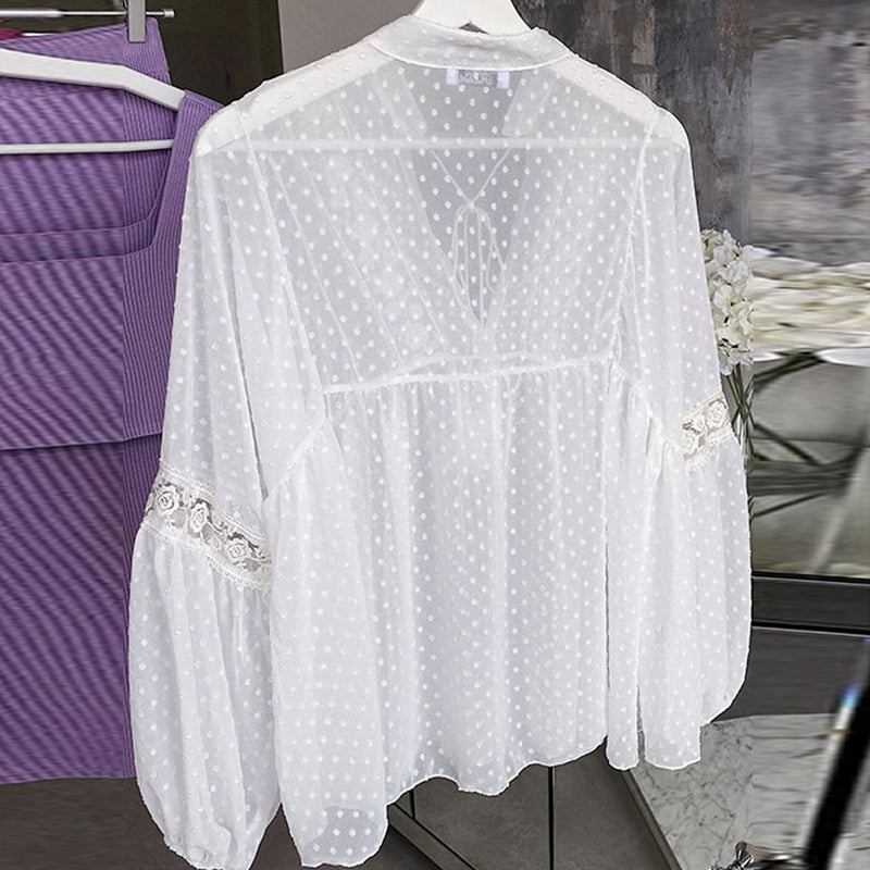 V-neck Lace-up Lantern Sleeve Swiss Dot Embroidery See-through Blouse Shirt