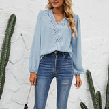Women Chiffon Pom Pom Lace Patchwork V Neck Blouse