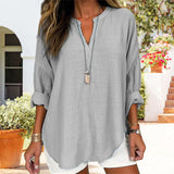 V-neck Plain Long Sleeve Linen Casual Shirt Blouse