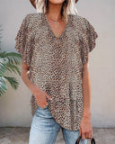 V Neck Leopard Flutter Short Sleeve Top