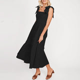 Women Plain Tie Shoulder Ruffle Hem Maxi Dress