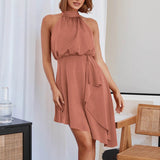 Women Tie Back Asymmetrical Hem Halter Satin Dress