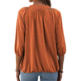 Solid Color 3/4 Puff Sleeve Elastic Crew Neck Shirt