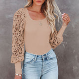 Women's Solid Color Long Cutout Lace Sleeves Crew Neck Shirt Top