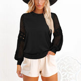 Women's Solid Color Long Cutout Lace Sleeves Round Neck Shirt Top