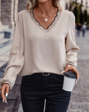 Scallop Trim V-neck Lantern Sleeve Blouse