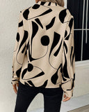 Graphic Print Notched Neck Long Sleeve Blouse